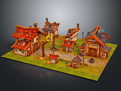 Charming Cartoon Village Scene With Small Houses Tiled Roofs Grass And Stone Paths 3d model
