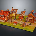 Charming Cartoon Village Scene With Small Houses Tiled Roofs Grass And Stone Paths