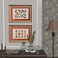 Abstract Paintings In Golden Frames With Colorful Patterns Text And Decorative Wall Setting 3d model