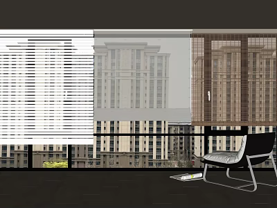 Modern Window Blinds in White and Brown for Interior with Urban Building View and Chair 3d model