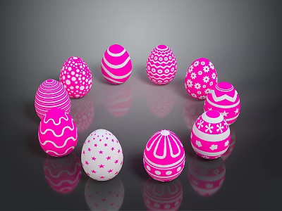 Cute Easter Bunny With Pink Patterned Eggs On Reflective Black Surface 3d model