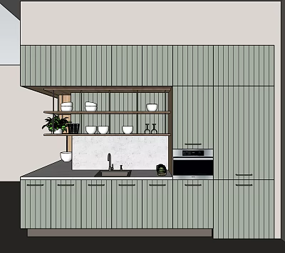 Modern Kitchen Interior With Light Green Cabinets Countertop Sink And Plant 3d model
