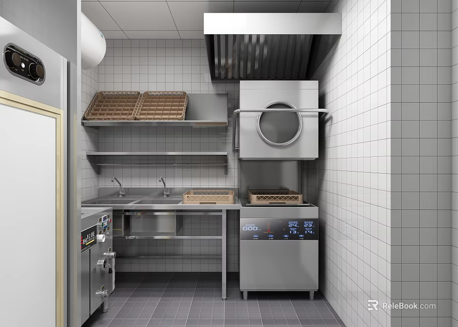 Stainless Steel Commercial Kitchen Appliances With Shelves Sinks And Display Screen Equipment 3d model 