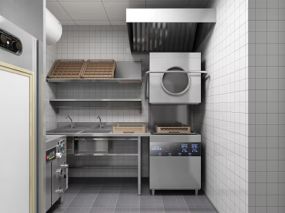 Stainless Steel Commercial Kitchen Appliances With Shelves Sinks And Display Screen Equipment 3d model