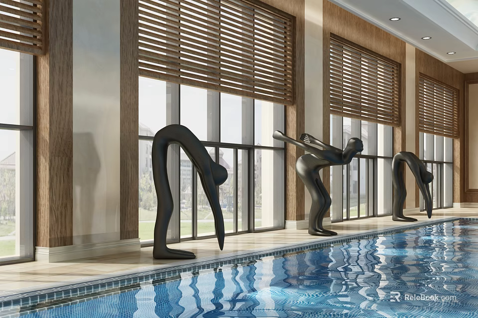 Spacious Swimming Pool Area With Large Windows Wooden Blinds And Decorative Sculptures 3d model 
