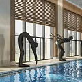 Spacious Swimming Pool Area With Large Windows Wooden Blinds And Decorative Sculptures