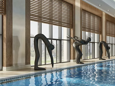 Spacious Swimming Pool Area With Large Windows Wooden Blinds And Decorative Sculptures 3d model