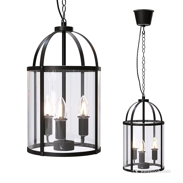 Modern Chandelier With Black Metal Frame Transparent Glass Shade And Candle Bulbs 3d model 