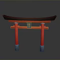 Traditional Japanese Torii Gate With Red Pillars Black Lintel And Central Plaque Against Gray Background