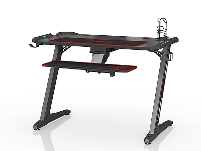 Black And Red Gaming Entertainment Desk With Metal Frame Lower Shelf And Cup Holder Cable Management 3d model