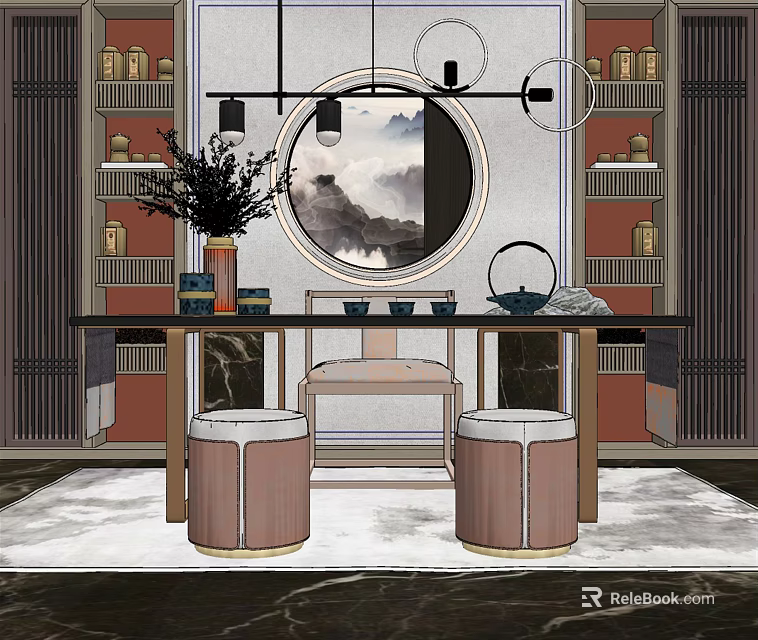 Traditional Chinese Tea Table and Chairs Interior With Circular Landscape Painting Bookshelves and Round Stools 3d model 