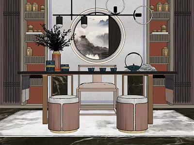 Traditional Chinese Tea Table and Chairs Interior With Circular Landscape Painting Bookshelves and Round Stools 3d model