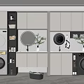 Modern Bathroom Cabinet Design With Double Sink Round Mirror Washing Machine And Green Plants
