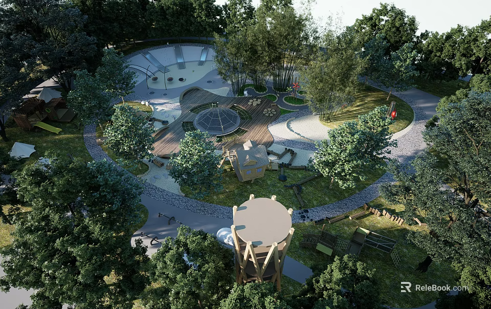 Garden Landscape Design With Lush Trees Winding Paths And Wooden Structures 3d model 