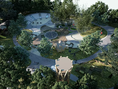 Garden Landscape Design With Lush Trees Winding Paths And Wooden Structures 3d model