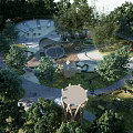 Garden Landscape Design With Lush Trees Winding Paths And Wooden Structures