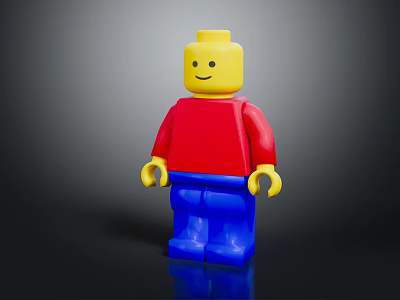 Lego Figure with Yellow Head Red Shirt Blue Pants Smiling Face on Dark Reflective Surface 3d model