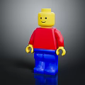 Lego Figure with Yellow Head Red Shirt Blue Pants Smiling Face on Dark Reflective Surface