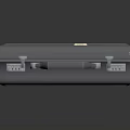 Elegant Metallic Silver Suitcase With Striped Design Emblem And Green Tag