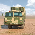 Military Camouflage Functional Vehicle With Antenna And Equipment In Desert Terrain