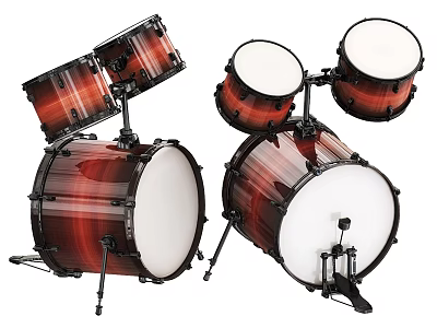 Professional Drum Set With Red Brown Gradient Finish White Drum Heads Stands And Pedals 3d model