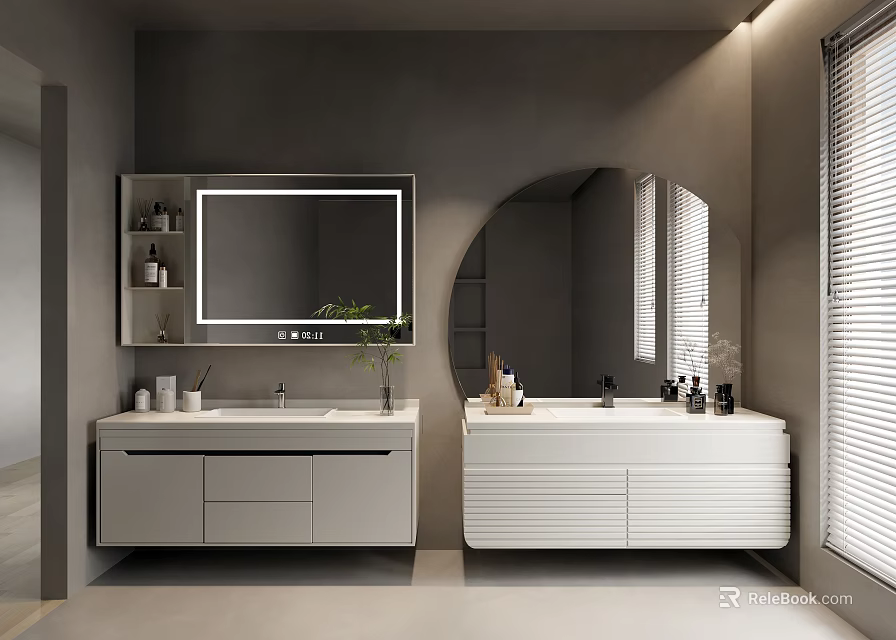 Modern White Bathroom Cabinet With Lighted Mirror Double Sink Gray Walls And Potted Plant 3d model 