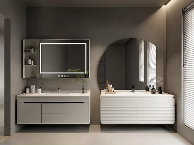 Modern White Bathroom Cabinet With Lighted Mirror Double Sink Gray Walls And Potted Plant 3d model