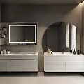 Modern White Bathroom Cabinet With Lighted Mirror Double Sink Gray Walls And Potted Plant