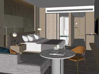 Elegant Hotel Guest Room Interior With Double Bed Sofa Round Table And Textured Wall Decor 3d model