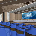 Modern Conference Room Interior Design With Rows of Blue Seats And Large Screen