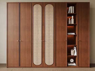 Modern Wooden Wardrobe With Rattan Panel Doors And Open Storage Shelves Design 3d model