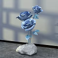 Floral Decoration With Three Blue Roses On Stone Base And Gray Background Shadow