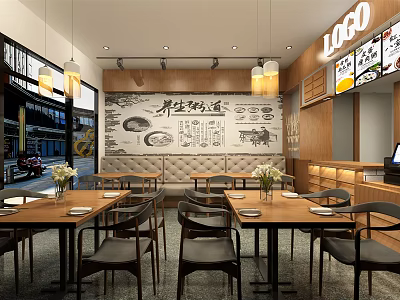 Traditional Restaurant Interior With Food Themed Mural Wooden Walls Pendant Lights Dining Tables And Chairs 3d model