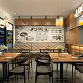 Traditional Restaurant Interior With Food Themed Mural Wooden Walls Pendant Lights Dining Tables And Chairs