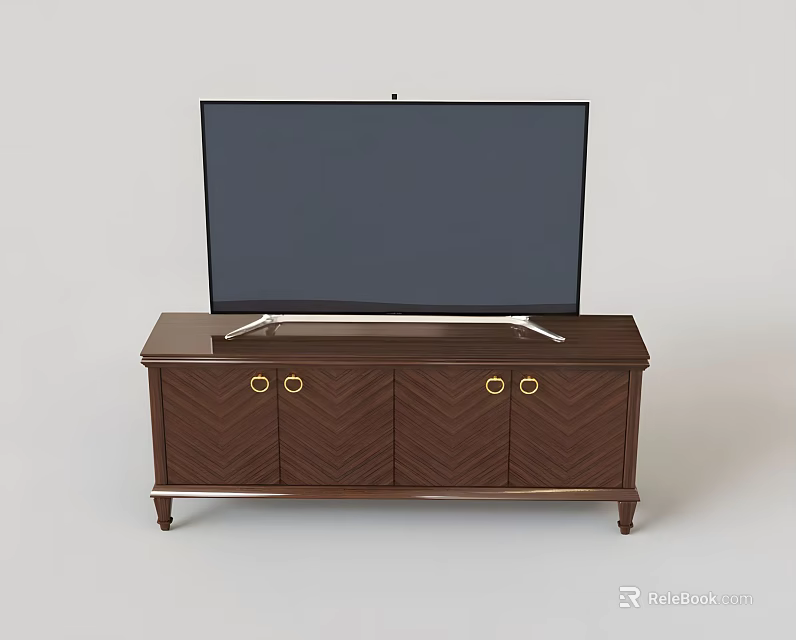 Dark Brown TV Stand with Herringbone Pattern Cabinet Doors Golden Handles and TV on Top 3d model 