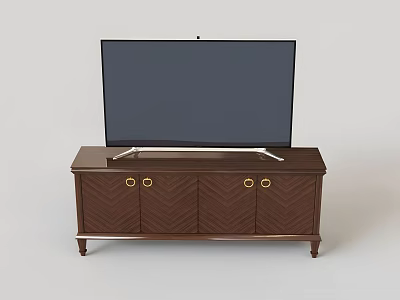 Dark Brown TV Stand with Herringbone Pattern Cabinet Doors Golden Handles and TV on Top 3d model