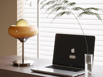 Modern Globe Table Lamp On Desk With Apple Laptop Green Plant Near Window Blinds 3d model
