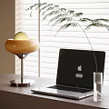 Modern Globe Table Lamp On Desk With Apple Laptop Green Plant Near Window Blinds