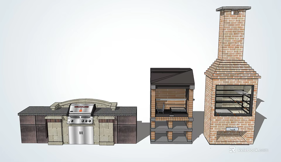 Outdoor Kitchen Setup With Brick Grill Structure And Storage Cabinets 3d model