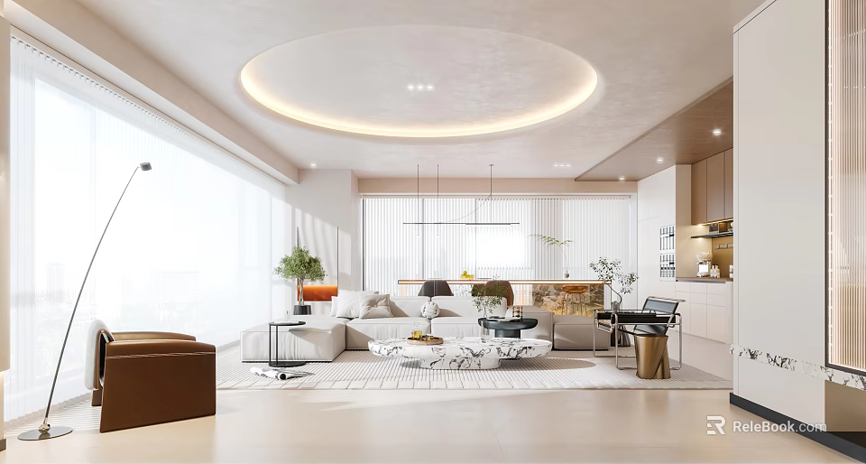 Modern Living Dining Room Interior With Sofa Coffee Table Pendant Lights And Green Plants 3d model 
