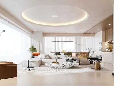 Modern Living Dining Room Interior With Sofa Coffee Table Pendant Lights And Green Plants 3d model