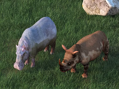 Reptiles In Lush Green Grassland With Rock 3d model