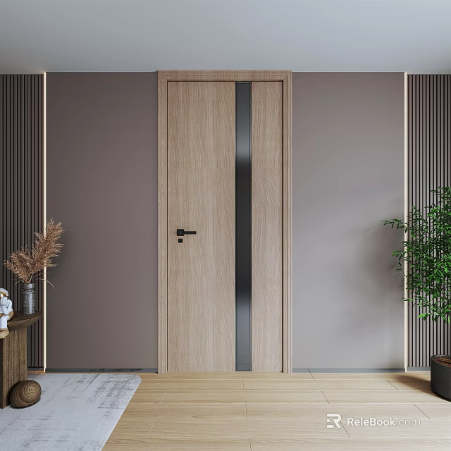 Wooden Hinged Door In Modern Interior With Gray Walls And Potted Plant 3d model 