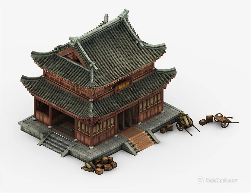 Traditional Chinese Ancient Building With Two Story Tiled Roof Stone Steps And Wooden Logs 3d model 