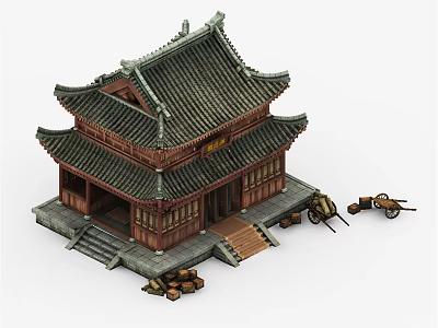 Traditional Chinese Ancient Building With Two Story Tiled Roof Stone Steps And Wooden Logs 3d model