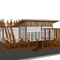 Wooden Deck House with Staircase Mountain View and Green Grassland Surroundings