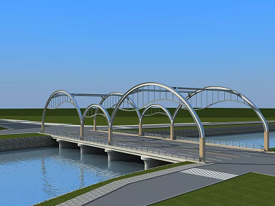 Modern Metal Arch Bridge Structure Over River With Blue Sky And Green Grass 3d model