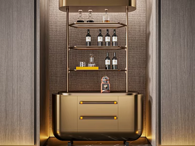 Elegant Modern Wine Cabinet With Gold Metal Frame Glass Shelves And Drawers For Wine Bottles 3d model