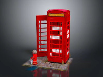 Red Telephone Booth With Open Door And Red Fire Hydrant On Paved Sidewalk 3d model