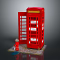 Red Telephone Booth With Open Door And Red Fire Hydrant On Paved Sidewalk